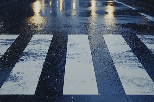 Twilight city road with soft rain and gleaming crosswalk lines 