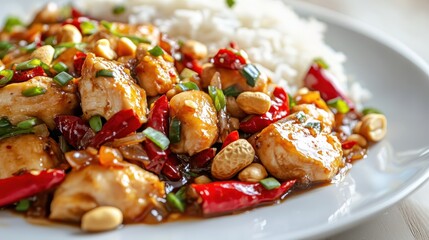 Delicious Chicken Stir Fry with Rice and Peanuts on a Plate