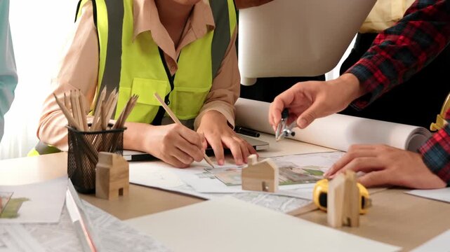 Smart architect and safety engineer discussion about building blueprint on table with architectural document, measurement tools and wooden block scatter around at modern office. Closeup. Delineation.