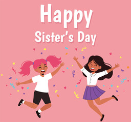 Happy Sister's day illustration, Adult and teenage daughter hugging. Shows love, care, and support. Simple and warm vector illustration.