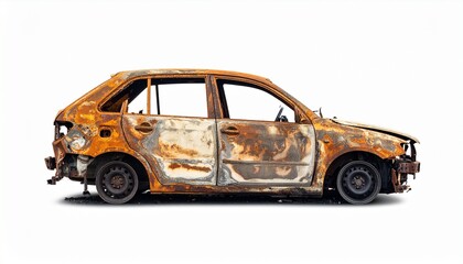 Abandoned hatchback overtaken by rust and decay, stripped of windows and air, its deflated tires anchored in silence—evoking ruin, nostalgia, and gritty realism in a post-urban aesthetic.