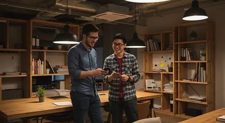 Two diverse male colleagues smiling and sharing ideas on a smartphone in a modern creative office space after hours