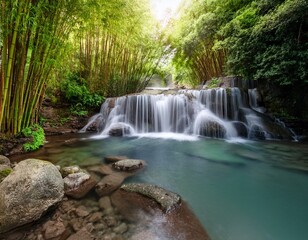 Obraz premium tranquil bamboo garden waterfall