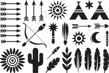 Native American tribal icons arrows teepees sun moon cactus feathers vector