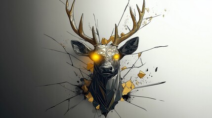 Black and Gold Deer Head Tattoo Design with Yellow Glowing Eyes and Shattered Glass Background.