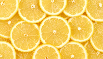 Obraz premium A bright and sunny close-up of an arrangement of numerous thin slices of yellow lemons.