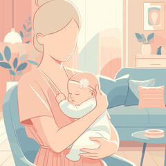 Mother holding her sleeping baby in a cozy living room  