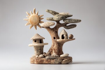 Whimsical Stone Sculpture of a Tree Houses and