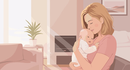 Mother holding and cuddling her baby in a cozy living room  