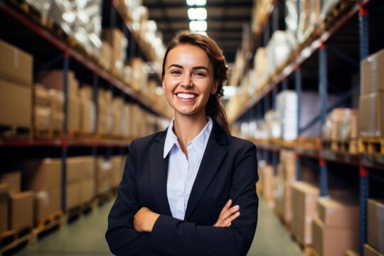 Portrait of a smiling female manager posing with crossed arms in a warehouse or distribution center