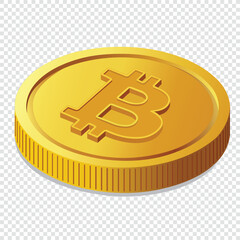 Golden Bitcoin coin with realistic design, featuring the Bitcoin symbol on a transparent background. Vector illustration.