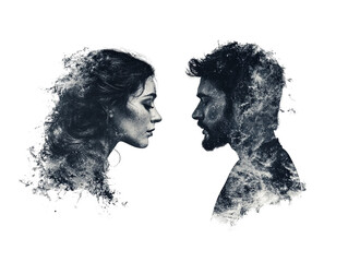 A portrait of a woman and man merging with ocean elements, evoking emotions of connection and harmony.