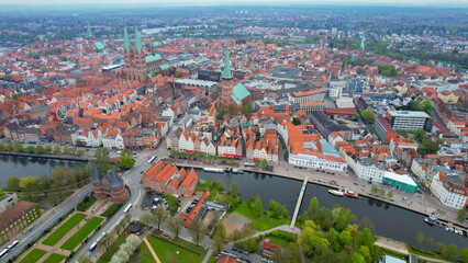 Aerial view around the city Lübeck in Germany on a sunny day in summer