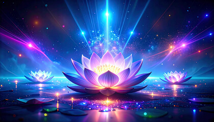 Glowing lotus flowers bathed in vibrant light rays in a mystical, digital scene.