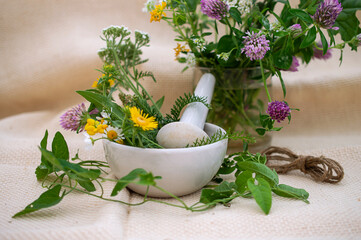 various fresh herbs and a mortar with pestle