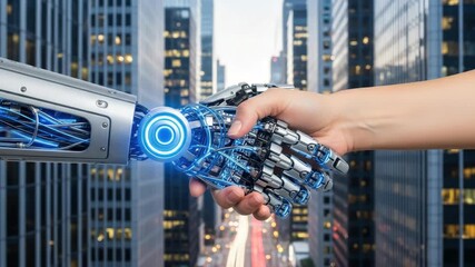 A human hand and a futuristic robot arm engage in a handshake against a backdrop of modern city skyscrapers - Powered by Adobe
