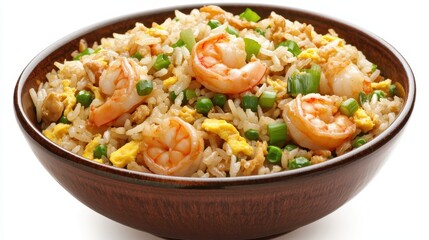 Shrimp Fried Rice with Vegetables and Eggs in Wooden Bowl