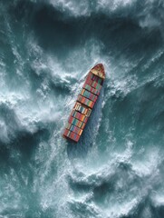A container ship caught in a storm in the middle of the ocean, view from above. Highly volatile markets. Unstable situation in the economy. Avoid a crisis.