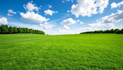 Fototapeta premium Expansive green field under a bright blue sky with scattered clouds, framed by distant trees—evoking natural serenity, agricultural openness, and outdoor vitality.
