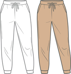 cad drawing flat vector illustration, jogger pants front view with cuffs, drawstring waist, casual style, technical fashion sketch, unisex fit