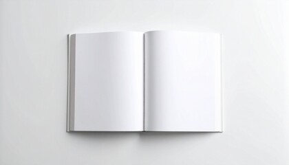 Open book with blank cream pages on white surface, top-down minimal composition with calm and neutral tone.