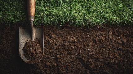 A shovel rests in dark soil next to vibrant green grass, evoking themes of gardening, earth, and growth. Preparing the earth and starting a new garden.