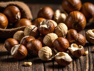 Obraz premium Close-Up of Spilled Roasted Hazelnuts on Brown Wooden Table