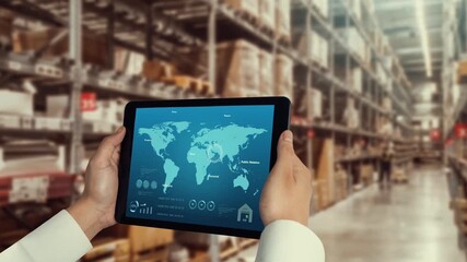 Warehouse management deft software in computer for real time monitoring of goods package delivery . Computer screen showing smart inventory dashboard for storage and supply chain distribution . - Powered by Adobe