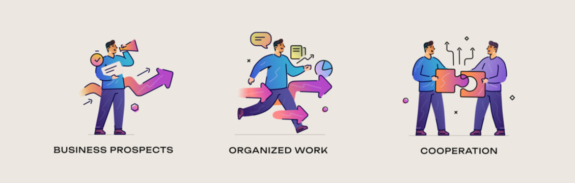 Set of illustrations concept with businessmen. Workflow, growth, graphics. Business development, milestones. linear illustration Icons infographics. Landing page site print poster