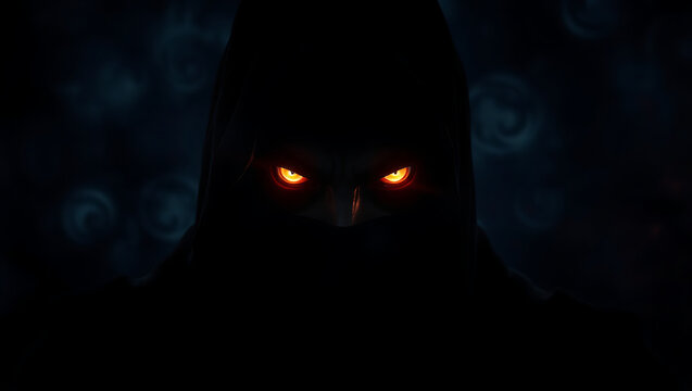 A hooded figure emerges from the darkness with glowing orange eyes in a night scene illustration