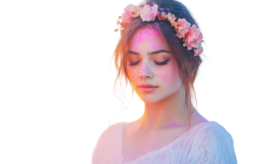 Portrait of woman wearing floral headband and colorful Holi powder with joyful expression isolated on transparent background PNG