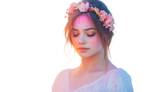 Portrait of woman wearing floral headband and colorful Holi powder with joyful expression isolated on transparent background PNG