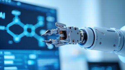 Robotic arm interacting with futuristic glowing interface on screen