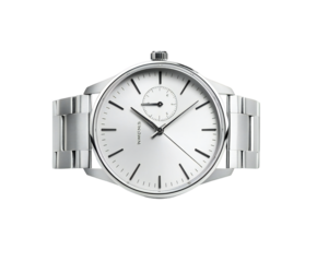 Photo of a minimalist silver stainless steel wristwatch with a clean white dial and a metal bracelet, isolated on a transparent background