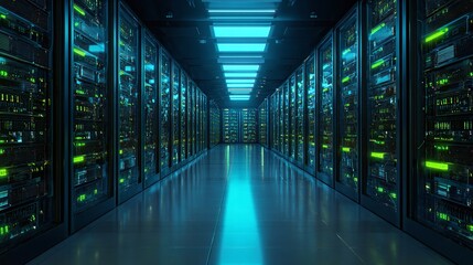 Server room with rows of racks and blinking lights, showcasing data infrastructure and information technology.