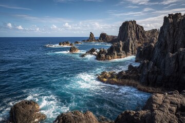 Spectacular rock formations created by the power of water and wind. Rocky shore of Hawaii, USA.