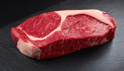 piece of raw meat specifically a steak on a black slate surface the steak appears to be a medium rare with a pinkish red color and a marbled texture