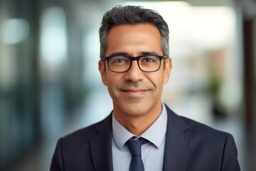 Fototapeta premium Portrait of a businessman wearing glasses and a suit, exuding confidence and professionalism in a corporate environment