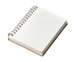 Photo of a blank spiralbound notebook with a simple cardboard cover, lying open to a clean white page, isolated on a transparent background