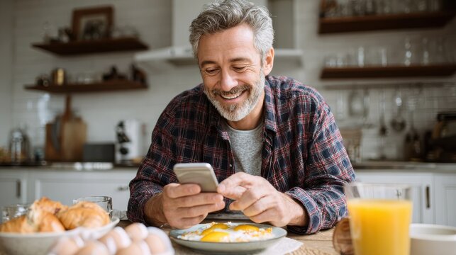 Happy mature man using mobile phone while having tasty breakfast at the kitchen table, no logos, no brands
