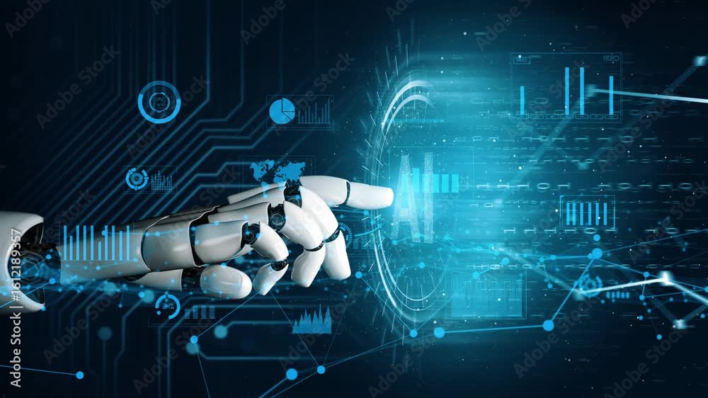 Poster a dynamic image of a robotic hand reaching out to a digital data interface, illustrating the converg