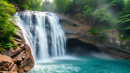 A scenic waterfall cascading into a turquoise pool surrounded by lush green vegetation and rocky terrain