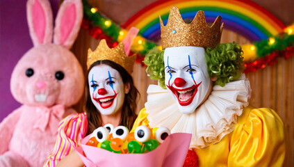 Two Clowns with Candy Eyeball Bouquet and Pink Bunny
