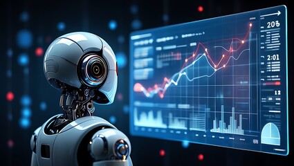 Futuristic robot analyzing financial market data on a digital screen