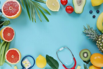 Stethoscope, supplements and colorful fruits and vegetables are framing a vibrant blue background, promoting healthy lifestyle and disease prevention