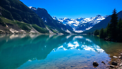 A scenic view of a turquoise lake reflecting snow capped mountains under a clear blue sky day light