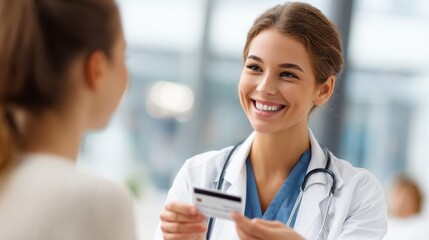 medicine, people and healthcare concept - happy smiling female doctor or nurse and patient with insurance or credit card card at hospital, no logos, no brands