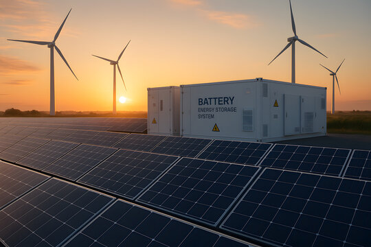Renewable energy farm with solar panels wind turbines and battery bank