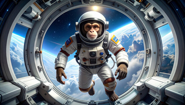 A chimpanzee astronaut floats in space, looking out of a spacecraft window.