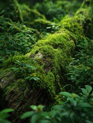 This close-up view showcases a weathered log covered in vibrant green moss within a dense forest setting. The moss intertwines with other green plants, creating a verdant scene.